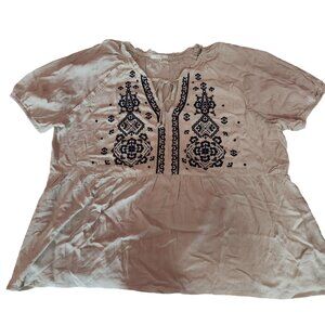 Ladies embroidered top beige and blue short sleeve XL